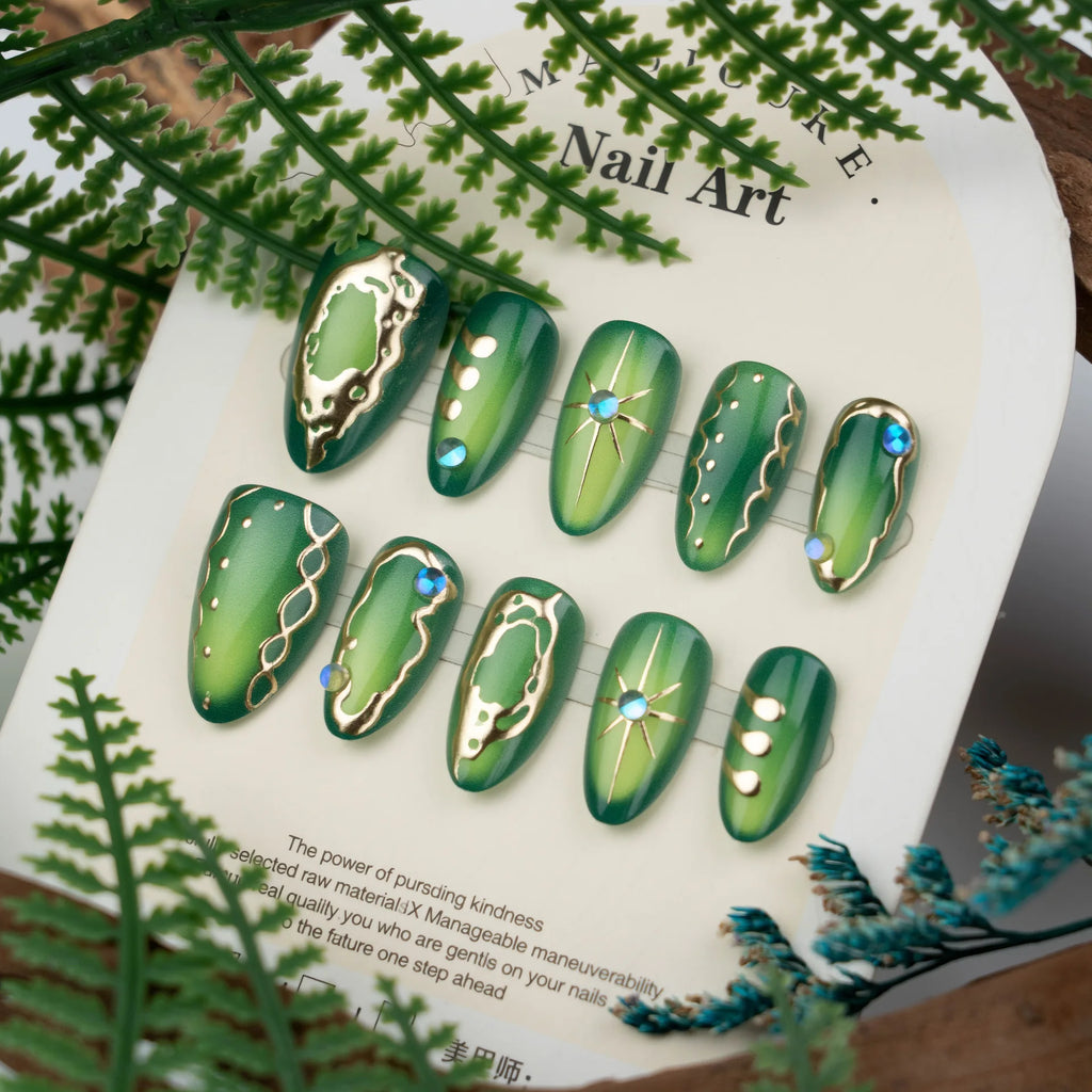 30pcs/set Medium fake nails glossy green cat eyes with golden frame handmade rhinestones reusable ABS press on Artificial Nails