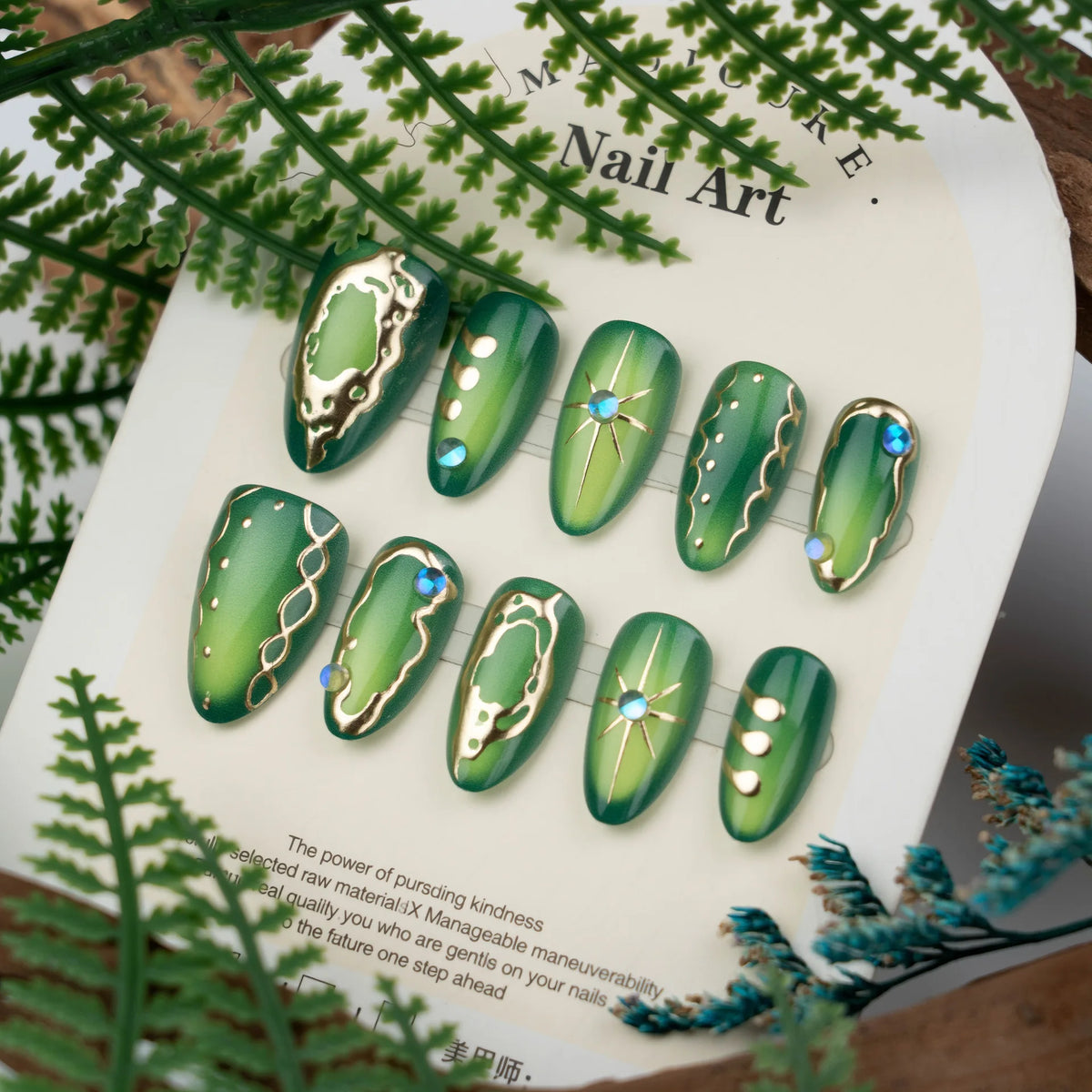 30pcs/set Medium fake nails glossy green cat eyes with golden frame handmade rhinestones reusable ABS press on Artificial Nails