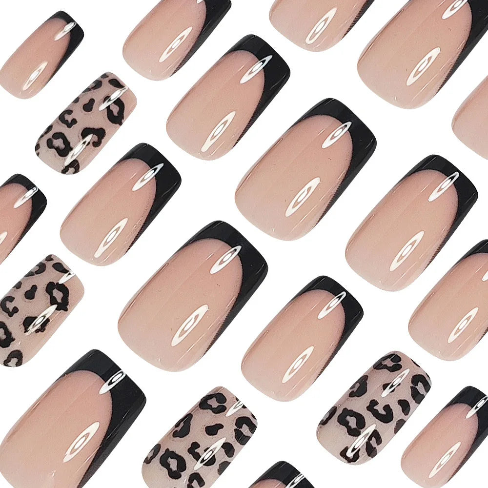 Short Medium fake nails for women girls nude brown black square nail tips with leopard print full cover press on false nail art