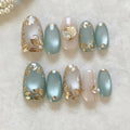 Short fake nails for women 3D golden gilding flowers nude blue cat eyes glossy Oval nail tips full cover press on false nail art
