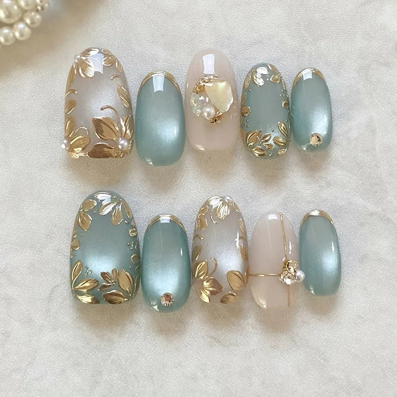 Short fake nails for women 3D golden gilding flowers nude blue cat eyes glossy Oval nail tips full cover press on false nail art