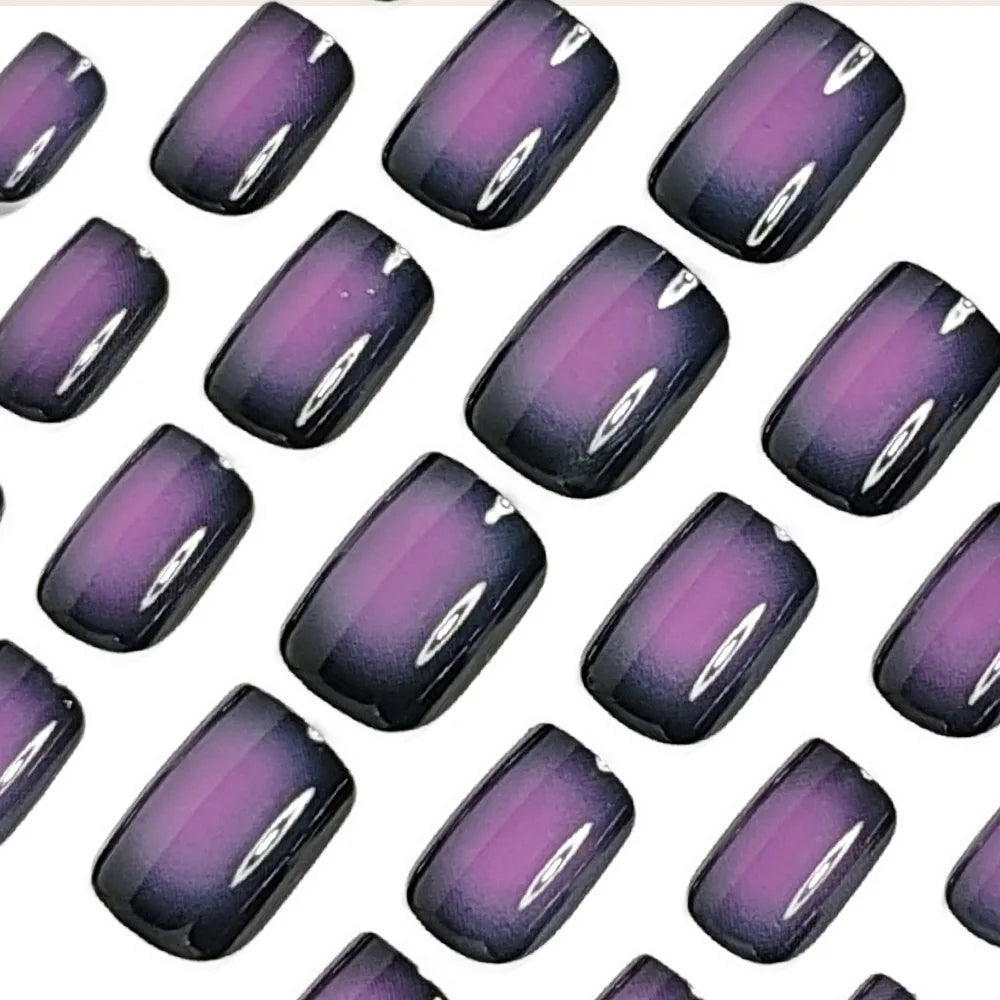 Short Square fake nails for women girls gradient green purple blue black blush colors design glossy manicure press on false nail