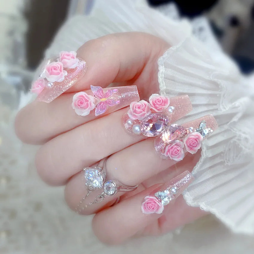 Pink 3D Flower & Metal Bow Press-On Nails – Almond, 24 Pcs