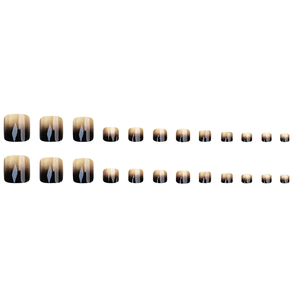 Gradient black brown fake nails for toes Glossy shimmer cat eyes in square nail tips full cover reusable press on false nails