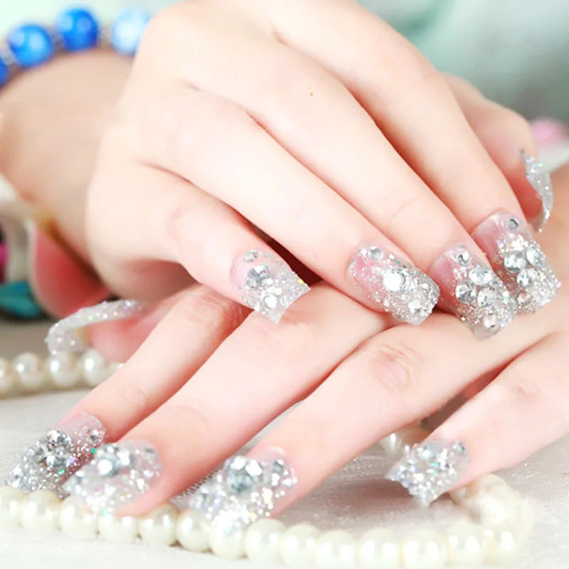 Glitter Rhinestone Pearl Bow Press-On Nails – Long Square, 24 Pcs