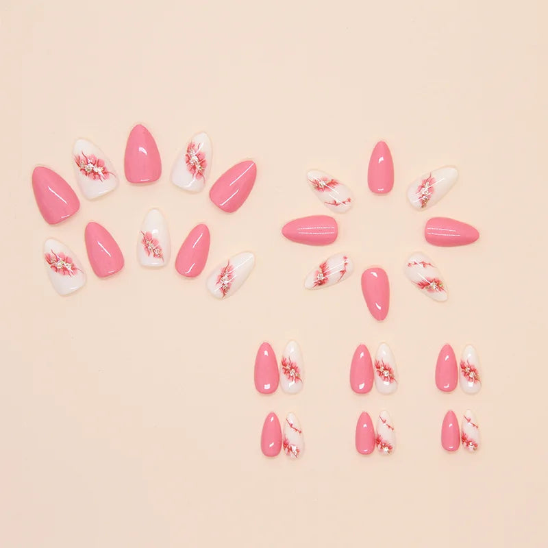 Short Medium fake nails pink peach flowers with sparkling glitters for Spring summer Square almond tips press on false nail art