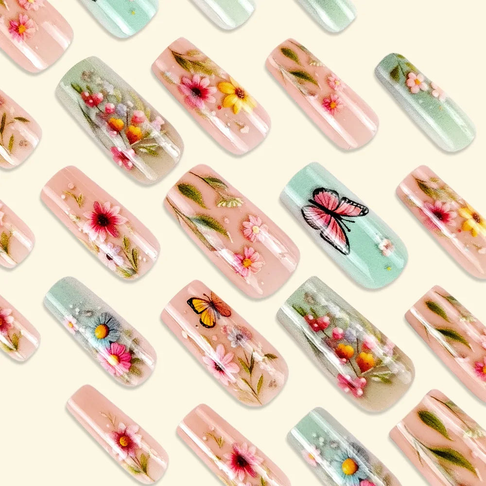 Medium fake nails for women Pink green yellow colors flowers butterfly printing square nail tips full cover press on false nail