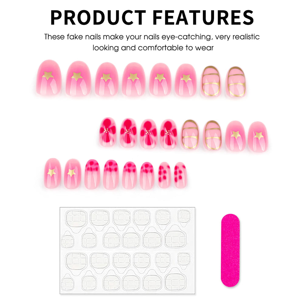 Sweet Pink Flower Gold Stripe Press-On Nails – Short Almond, 24 Pcs