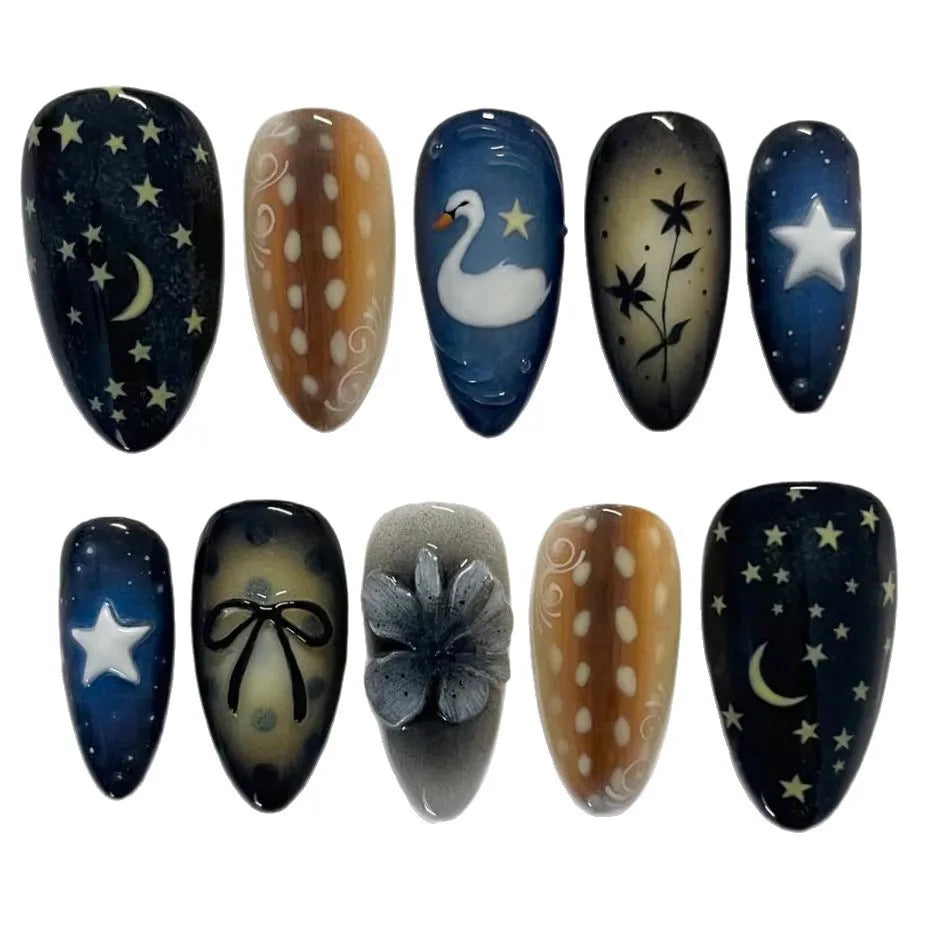 Vintage Painting Star, Moon & Swan Press-On Nails – Almond, 24 Pcs