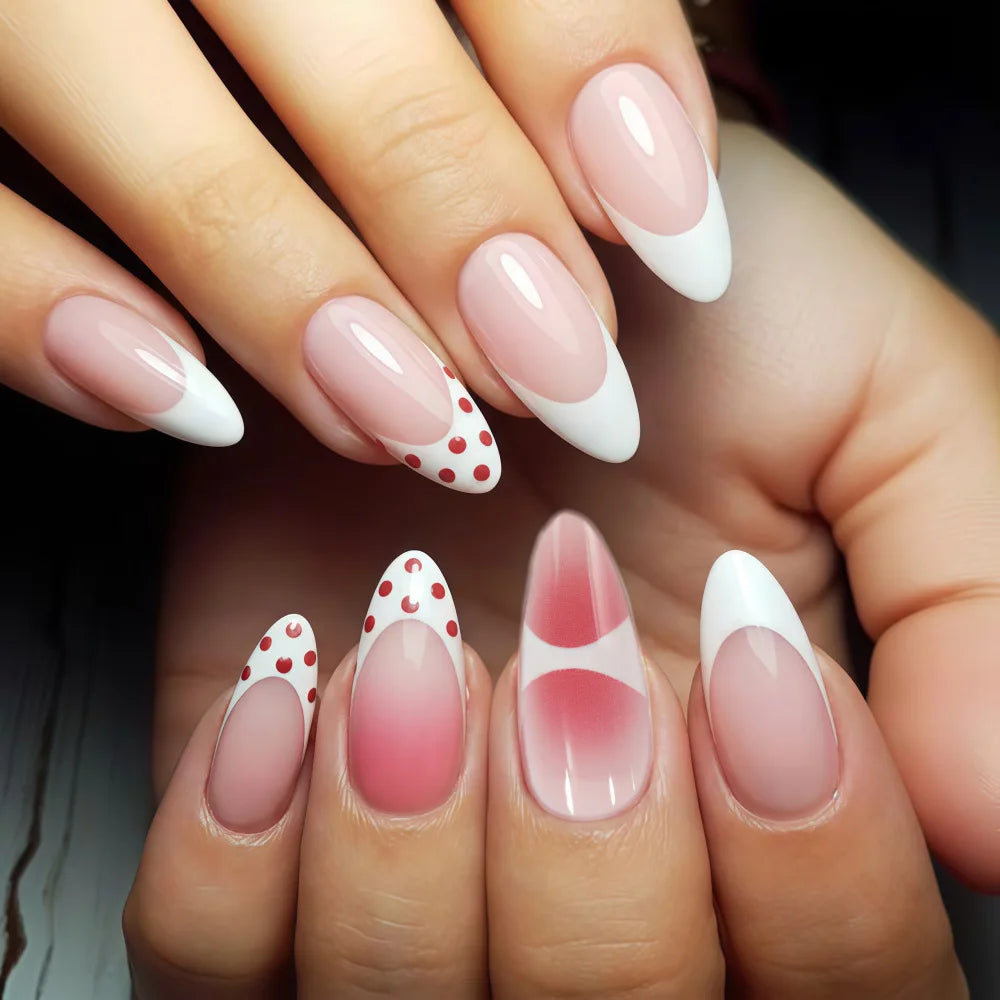 Red Pink Polka Dot French Almond Press-On Nails – Medium