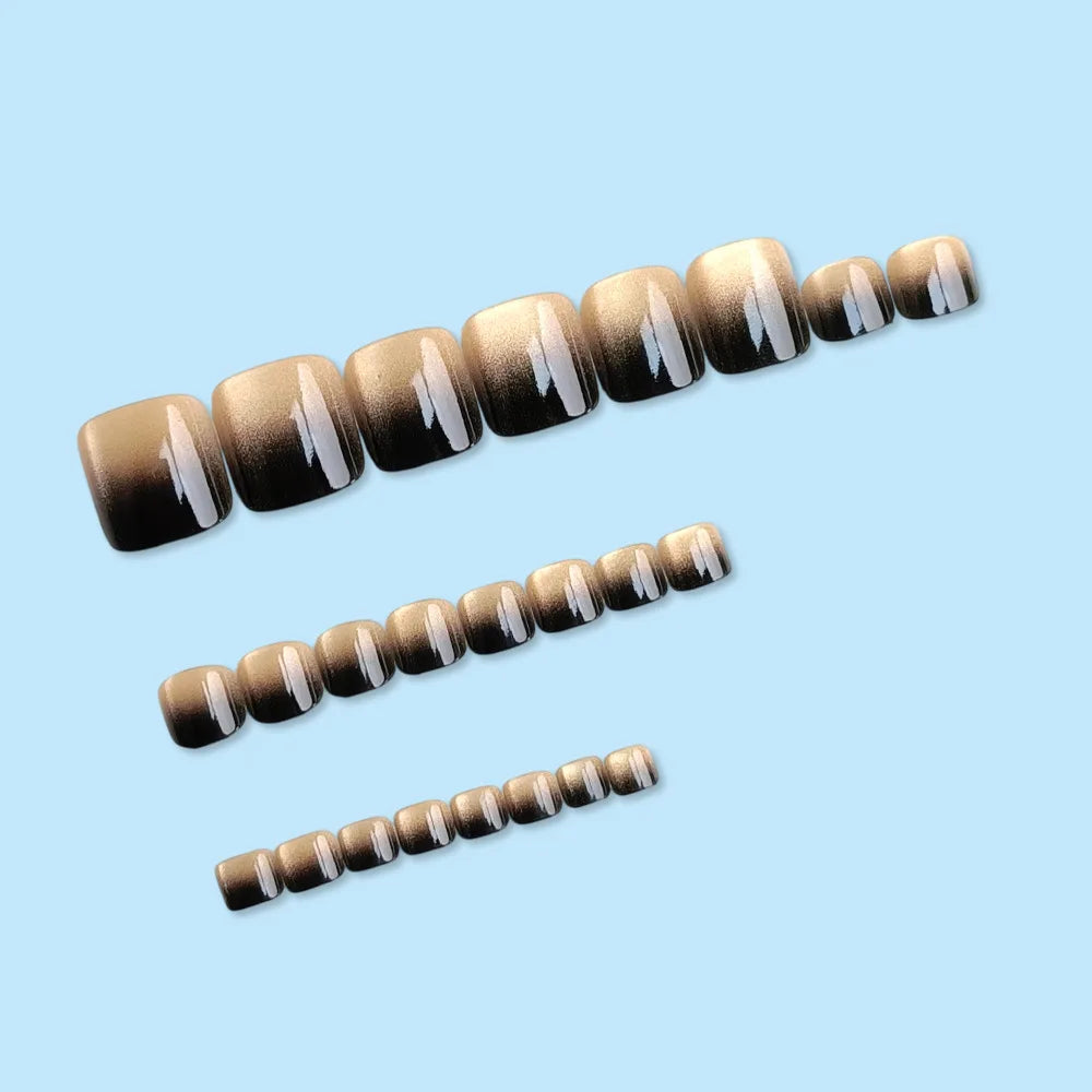 Gradient black brown fake nails for toes Glossy shimmer cat eyes in square nail tips full cover reusable press on false nails