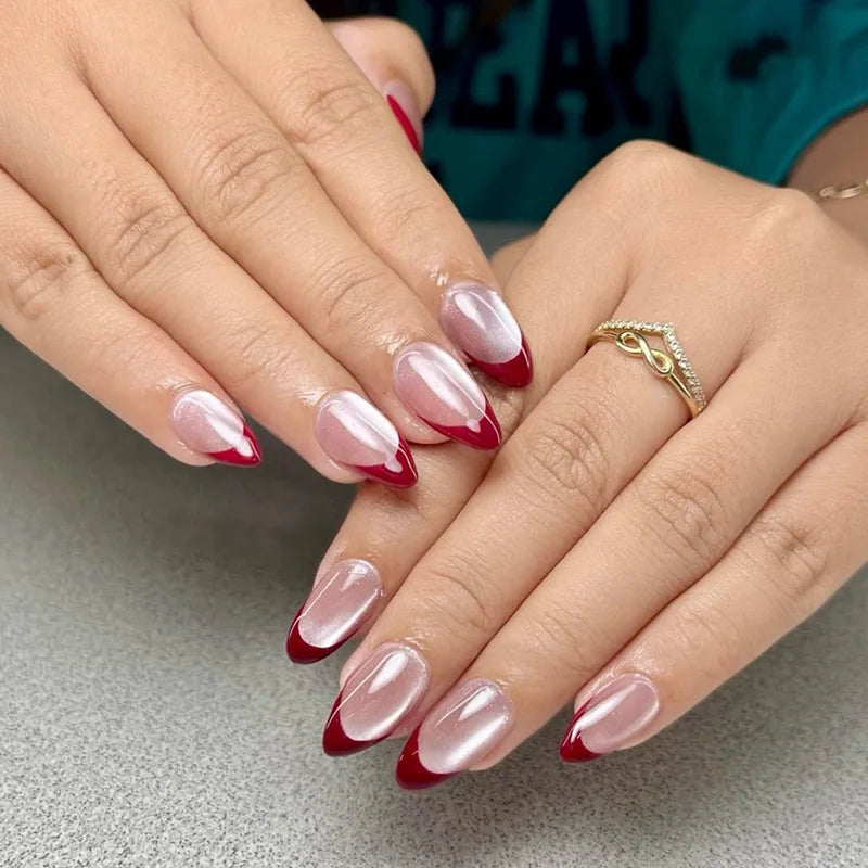Short Medium fake nails cor women girls shimmer Glossy cat eyes nude red wine red colors french style press on false nail set