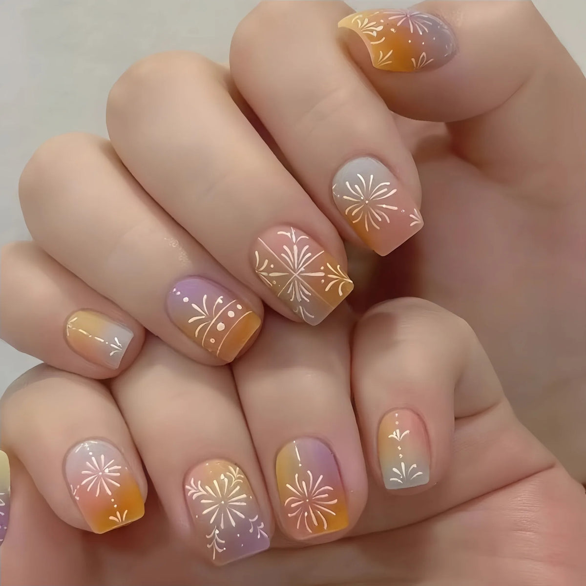 24pcs/set Medium Long Fake Nails for Autumn Winter Y2K Gradient Purple Blue Yellow Green Flowers Cute Gogga Press On False Nail