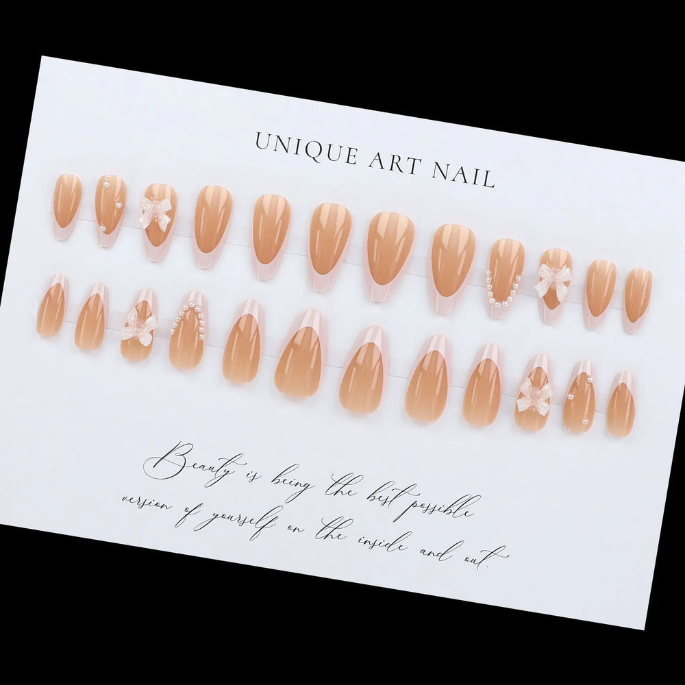 3D Pearl Bow & Blue Flower French Almond Press-On Nails – Nude White