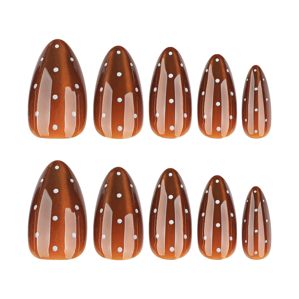 24pcs/set Brown cat eyes fake nails with white polka dots glossy almond tips for Autumn winter full cover reusable press on nail