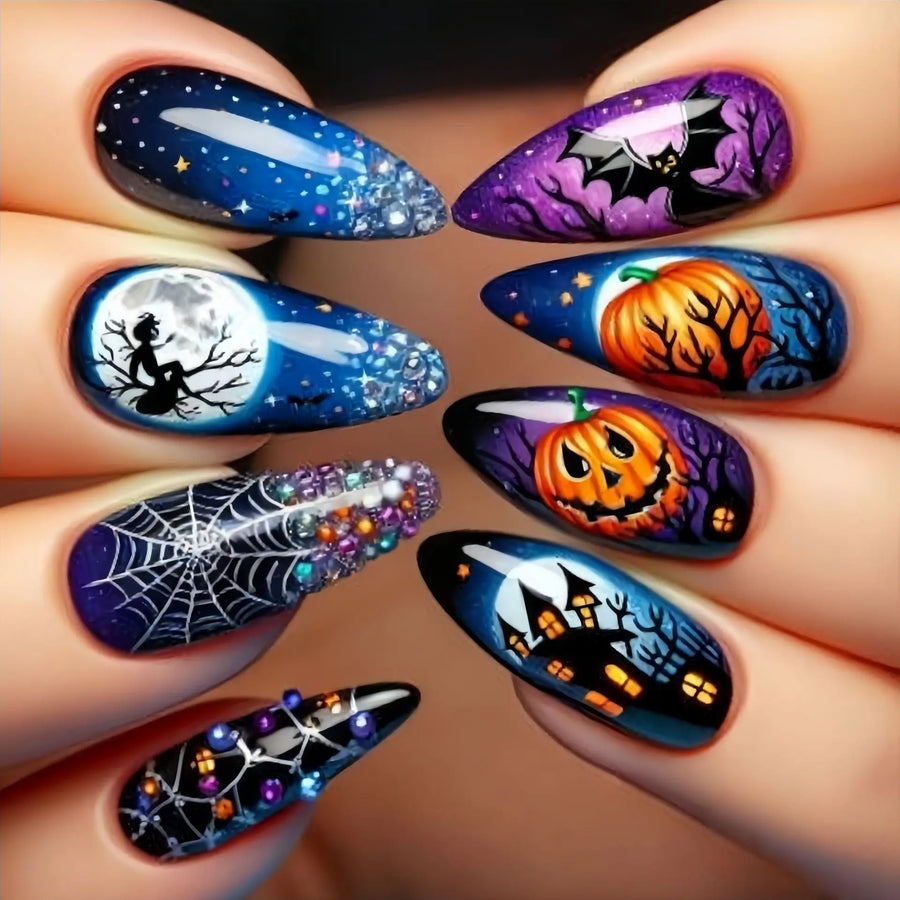 Halloween Y2K Bat & Pumpkin Castle Almond Press-On Nails – 24 Pcs