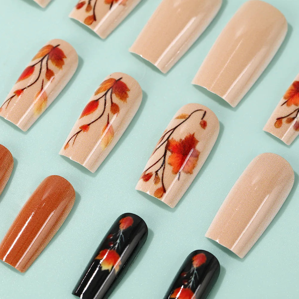 Medium fake nails for women girls gradient red brown maple leaf flora blue nude  full cover press on acrylic false nail art
