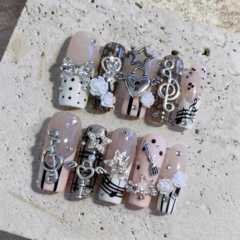 Light Pink French 3D Rabbit Handmade Press-On Nails – Long Coffin, 10 Pcs
