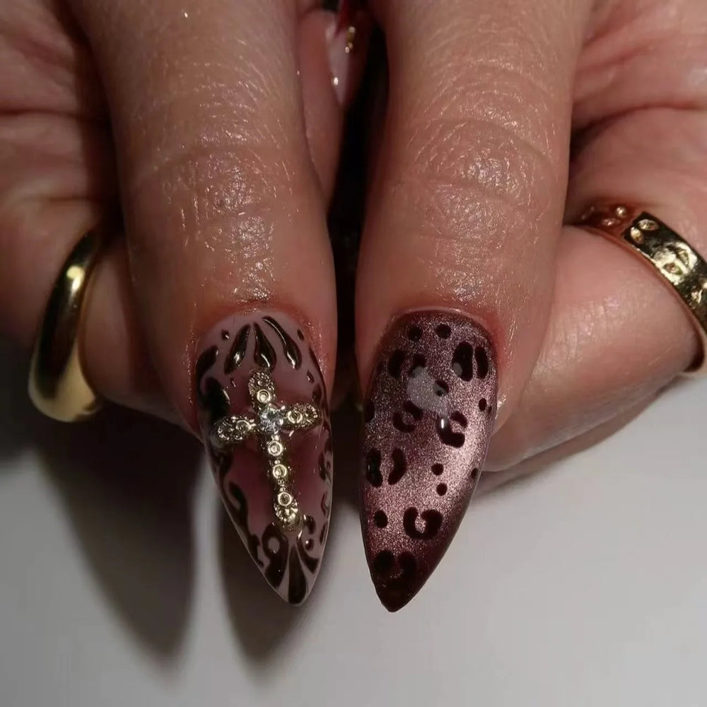 3D Embossed Flower Leopard Polka Dot Almond Press-On Nails – Medium, 24 Pcs