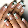 Medium fake nails nude square shape with white green edge Four-leaf clover for St. Patrick's Day press on false nail art set