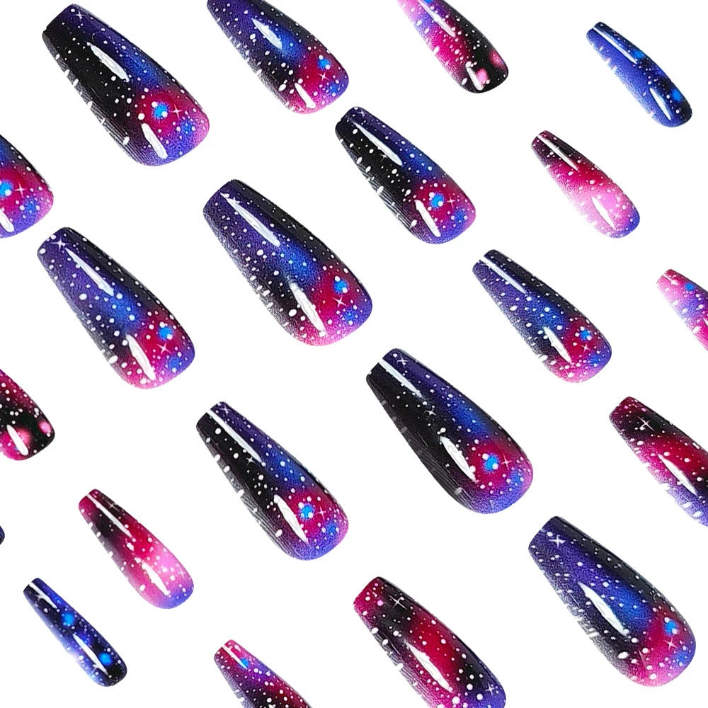 24pcs/set Gradient purple colors fake nails starry night sky glossy ballet shape nail tips full cover press on false nail set