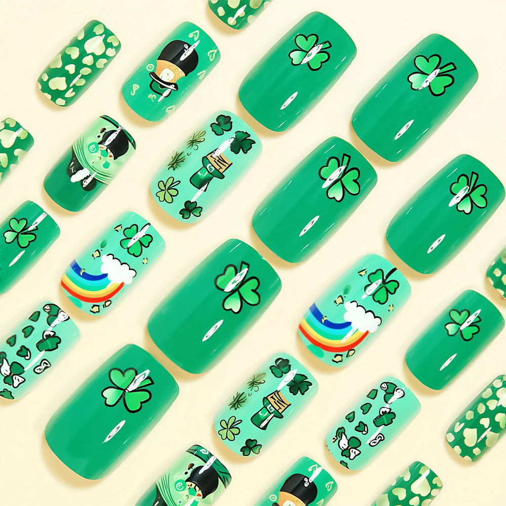 Green Floral Hat St. Patrick's Press-On Nails – Medium Square Almond