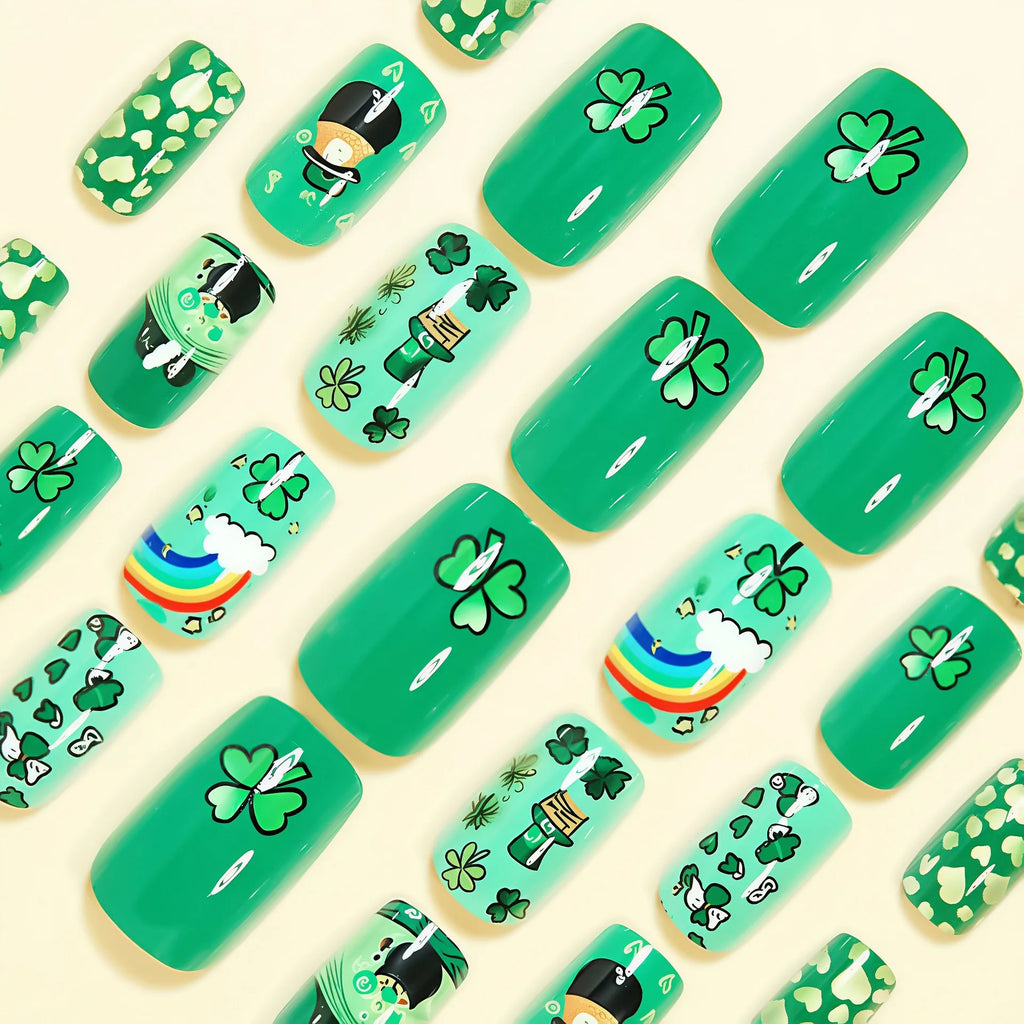 Medium fake nails for women girls green flora cute hat design for St. Patrick's Day Square almond shape press on false nail art