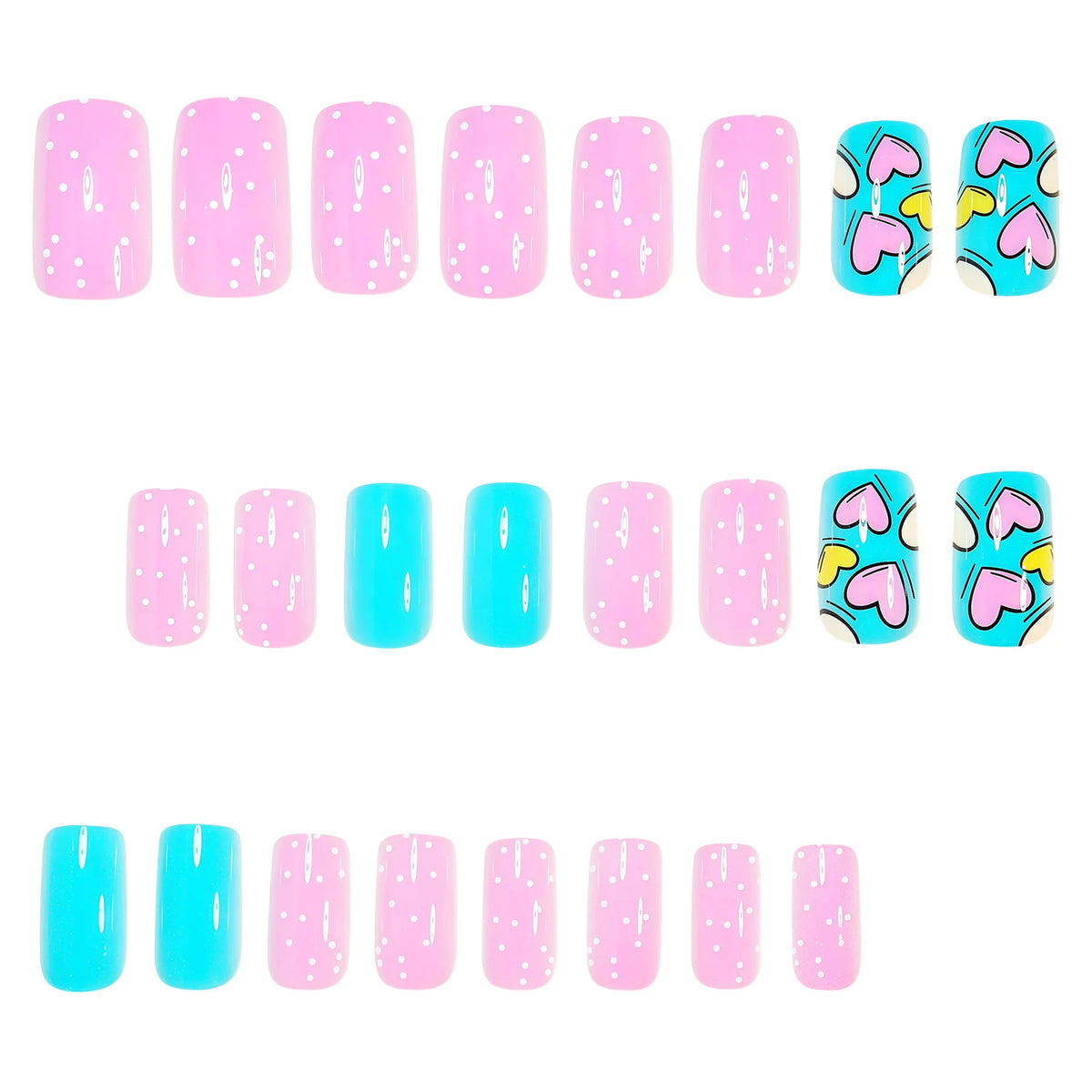 Medium fake nails for women girls y2K pink blue yellow beige cute heart Square nail tips for Valentine's Day press on false nail