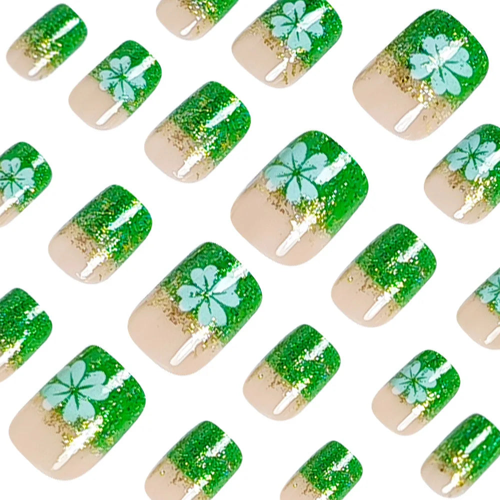 Short Medium fake nails for women girls green white four-leaf clover with glitters for St. Patrick's Day press on false nail set