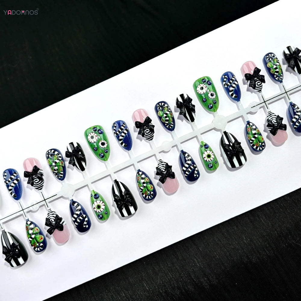 3D Spooky Eyeball & Spider Press-On Nails – Almond, 30 Pcs