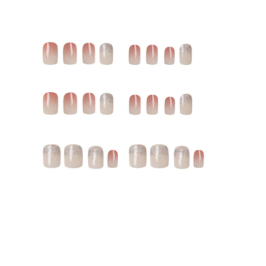 Short square fake nails for women girls gradient pink red white colors with sparkling gliters full cover press on fasle nail art