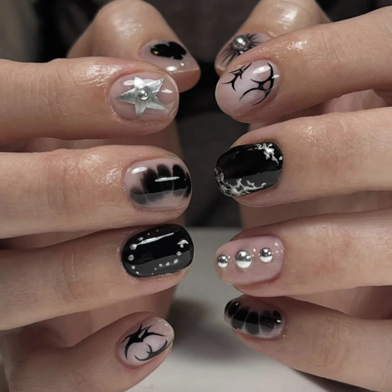 Gothic Black Silver Heart & Bow Press-On Nails – Short Almond, 24 Pcs