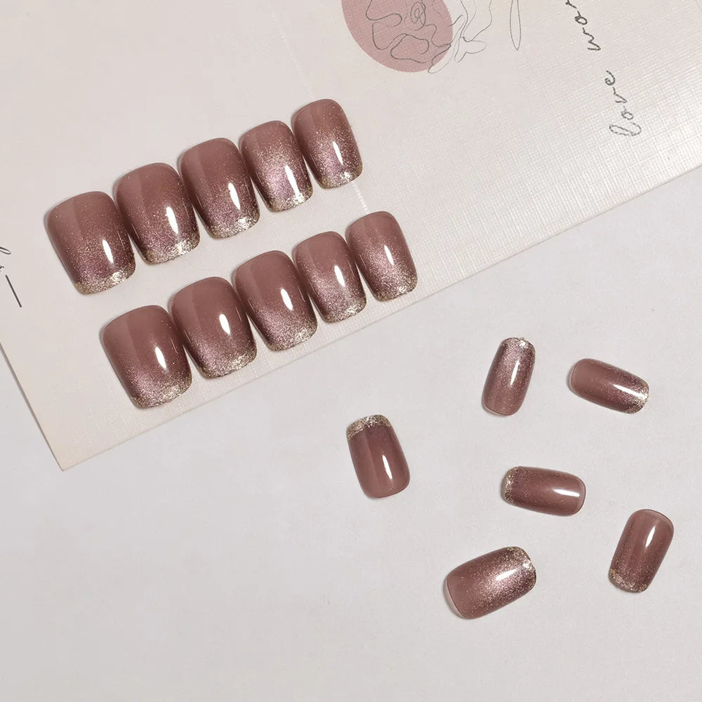 Short Square fake nails for women girls nude coffee cat eyes nail tips with golden glitter edge full cover press on false nails