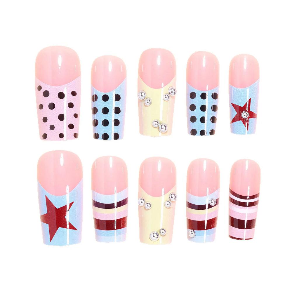 Pastel Polka Dot Bow French Press-On Nails – Medium Coffin, 24 Pcs