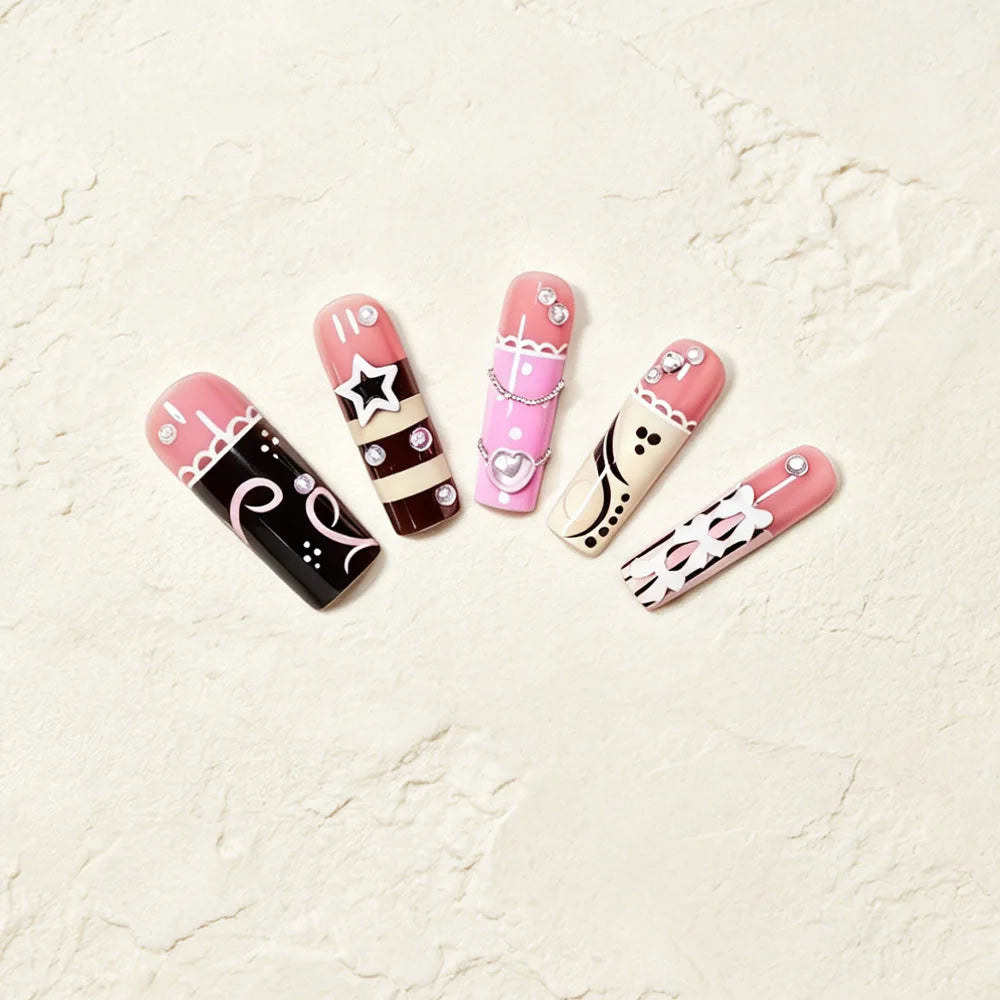 Pink & Black Stripe Polka Dot 3D Star Bow Press-On Nails – Long Square, 24 Pcs