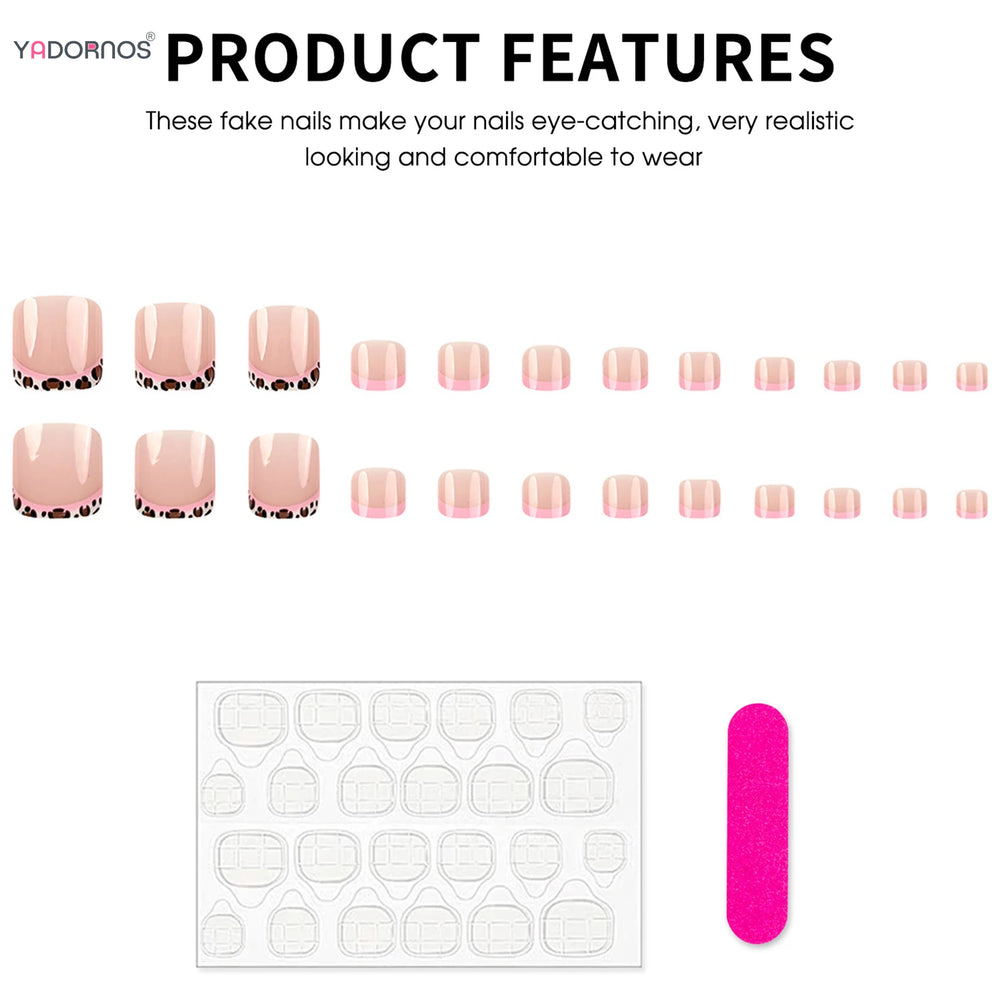 Leopard Print Nude Press-On Toenails – Short Square, 24 Pcs