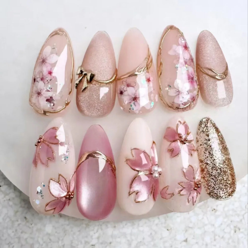 3D Green Ripple Cat-Eye French Almond Press-On Nails – Leaf Pattern, 24 Pcs