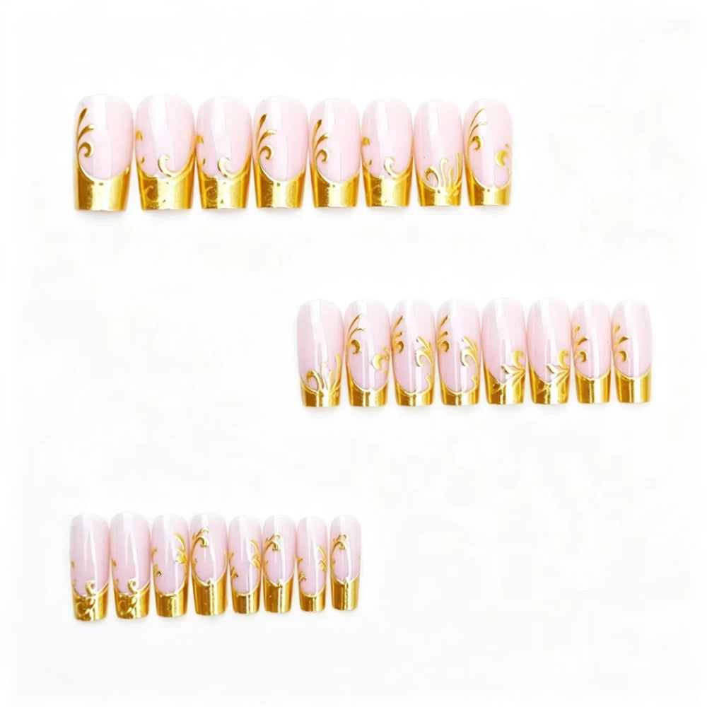 Nude Gold 3D Gilded Floral Press-On Nails – Medium Square