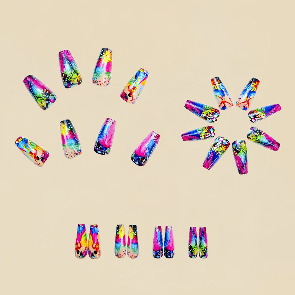 Y2K Feather Print Ballet Press-On Nails – Pink Blue Yellow, Medium Long
