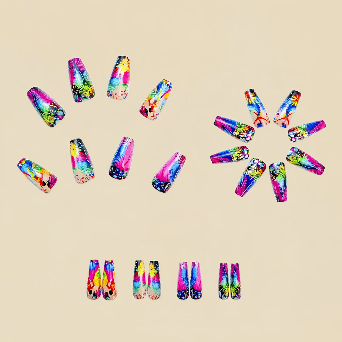 Medium long fake nails for women Y2K pink blue yellow colors girl feather print Ballet shape full cover press on fasle nail set