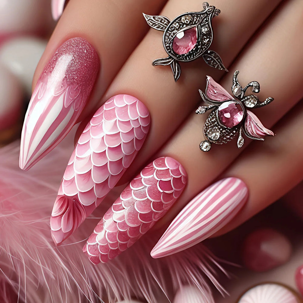 Blue Ocean Fish & Jellyfish Press-On Nails – Medium Long, 24 Pcs