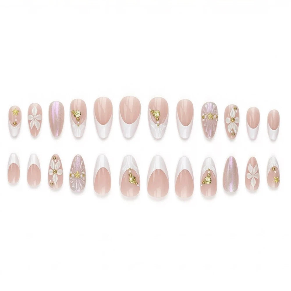 Medium fake nails for women french style Nude white almond nail tips with flowers rhinestones full cover reusable press on nails