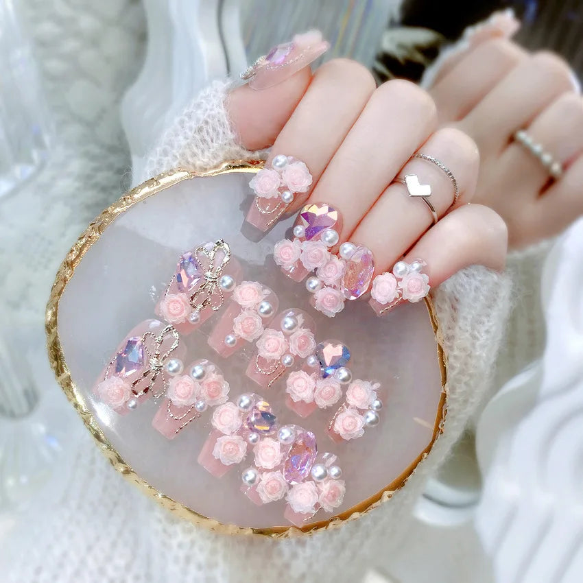 Pink 3D Flower & Metal Bow Press-On Nails – Almond, 24 Pcs