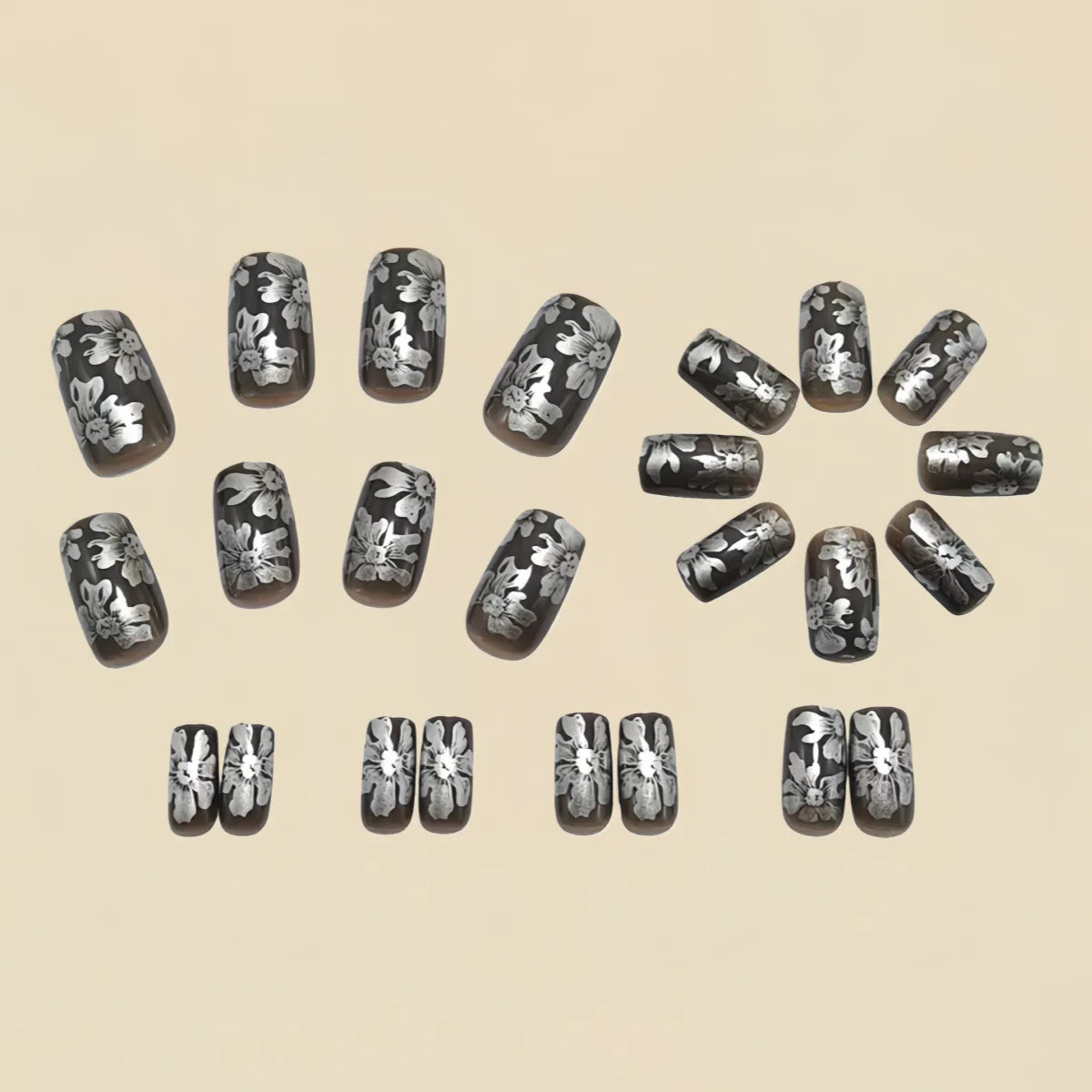 Short Medium fake nails for women girls golden silver learf flowers design gradient orange grey almond square tips press on nail