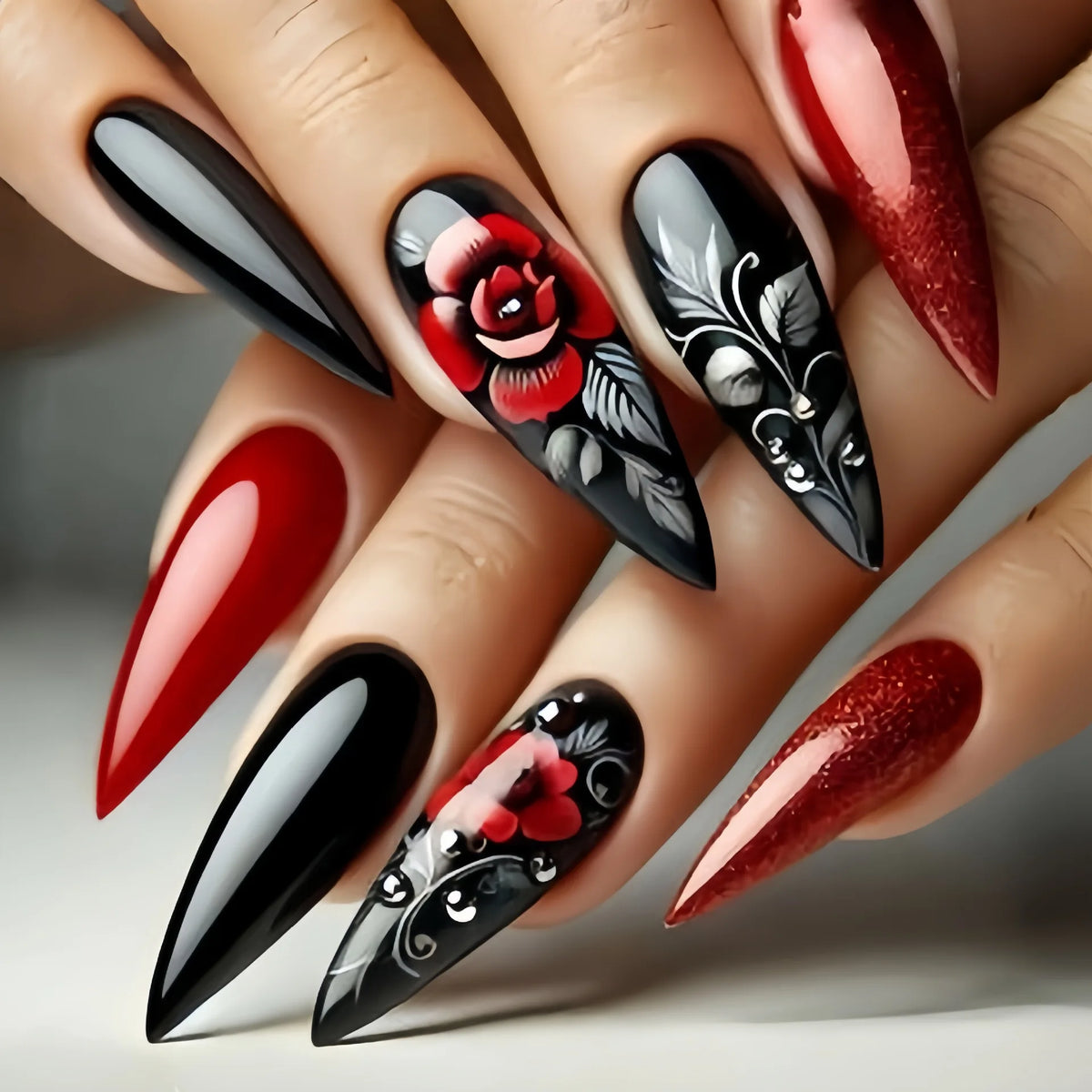 24pcs/set Fake Nails for Valentine's Day Gradient Red Black Cute Heart Rose Flowers Design French Tips Press On False Nail Art