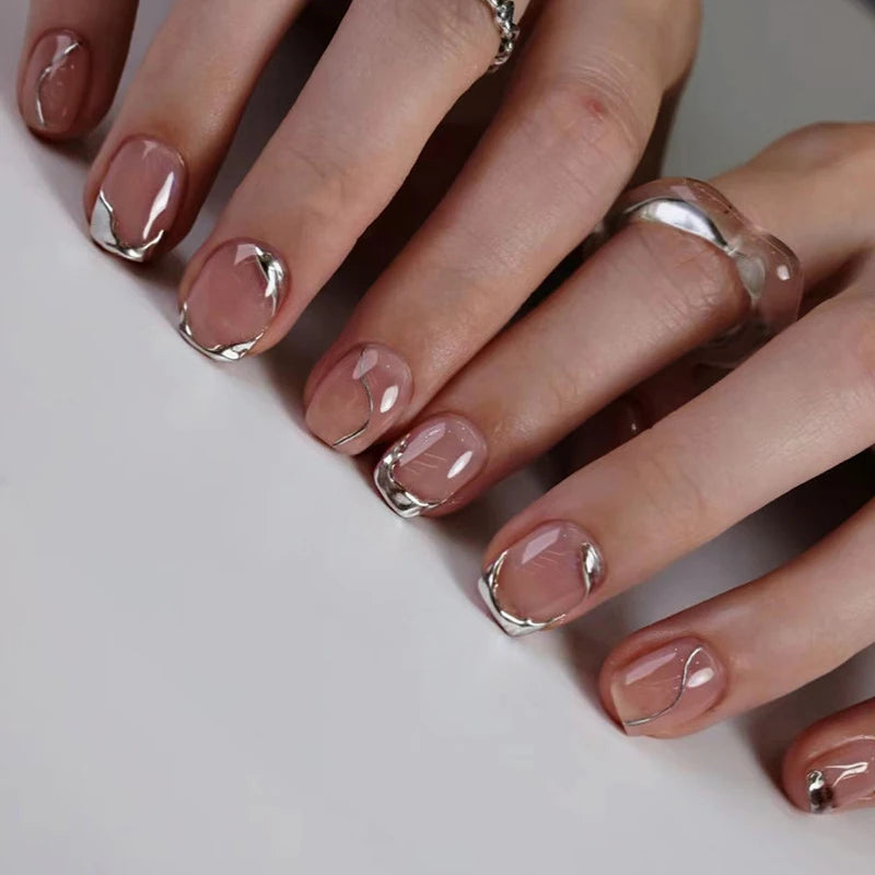 24pcs/set Nude fake nails with silver frame print french short square glossy nail tips full cover reusable press on false nail