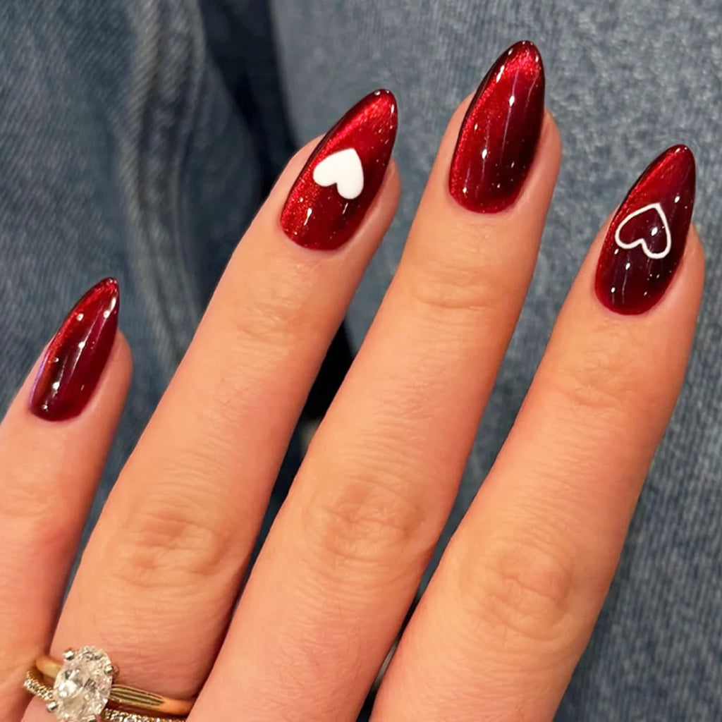 Medium fake nails for women gilrs cat eyes new year red with white heart bowknot design Square almond shape press on nails art