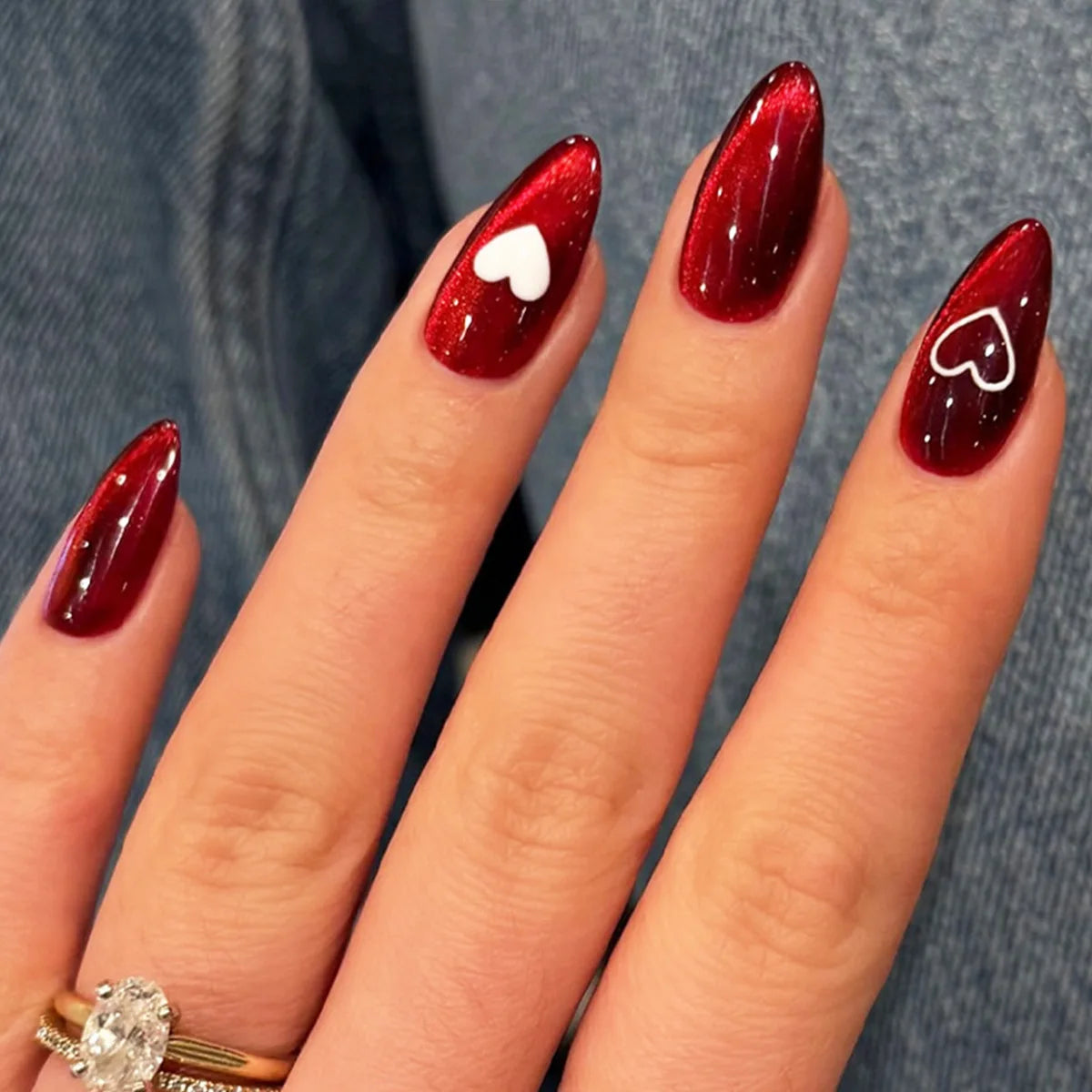 Medium fake nails for women gilrs cat eyes new year red with white heart bowknot design Square almond shape press on nails art