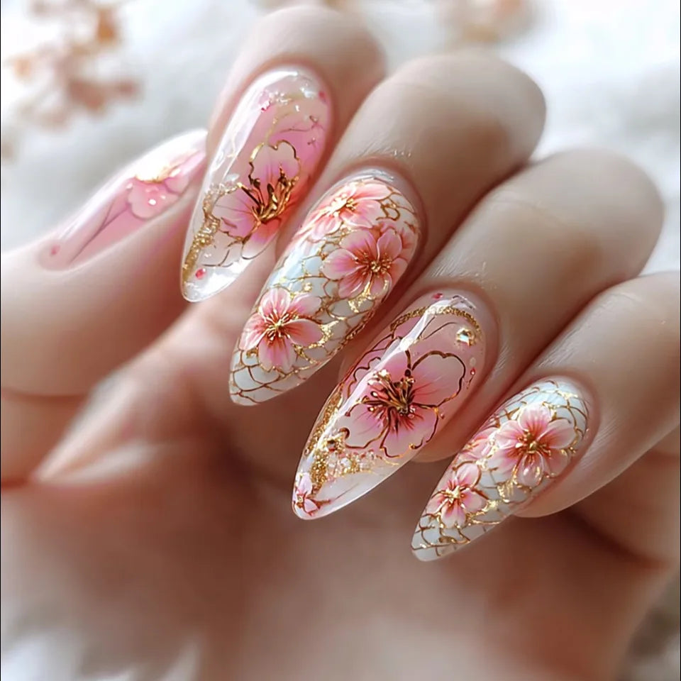 24pcs/set Medium fake nails for women girls gradient pink flowers print Almond nail tips full cover press on false nails set