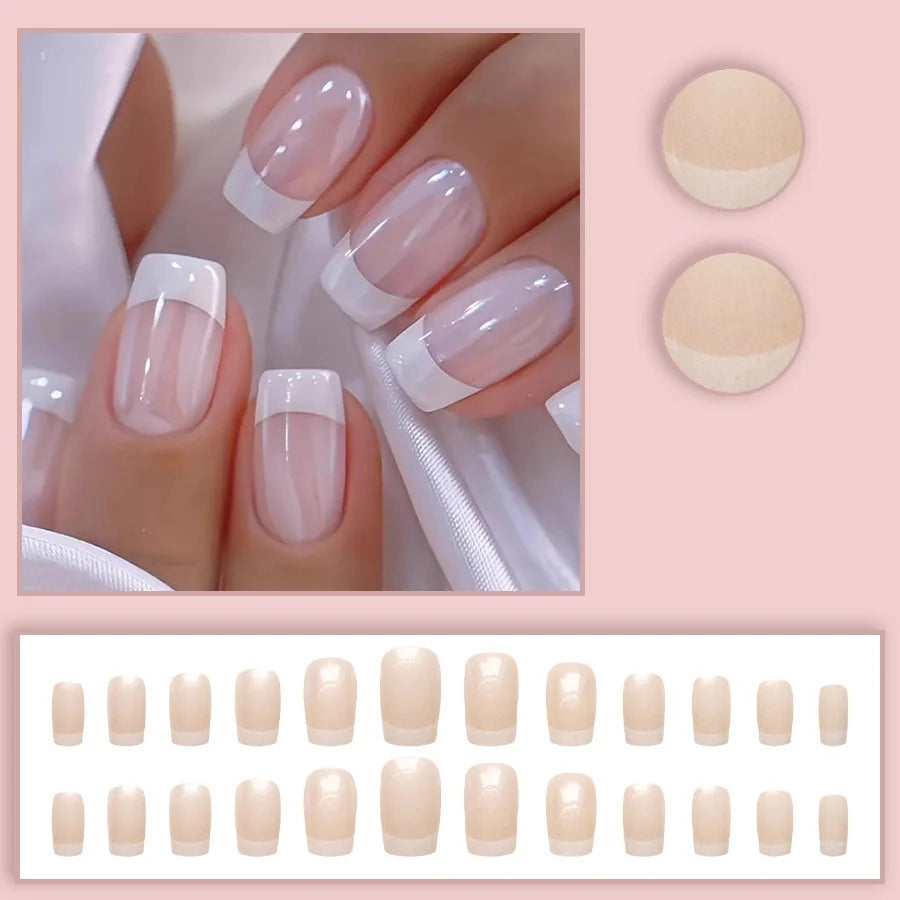 Pearl Shimmer Minimalist French Press-On Nails – Short/Medium Square, 24 Pcs